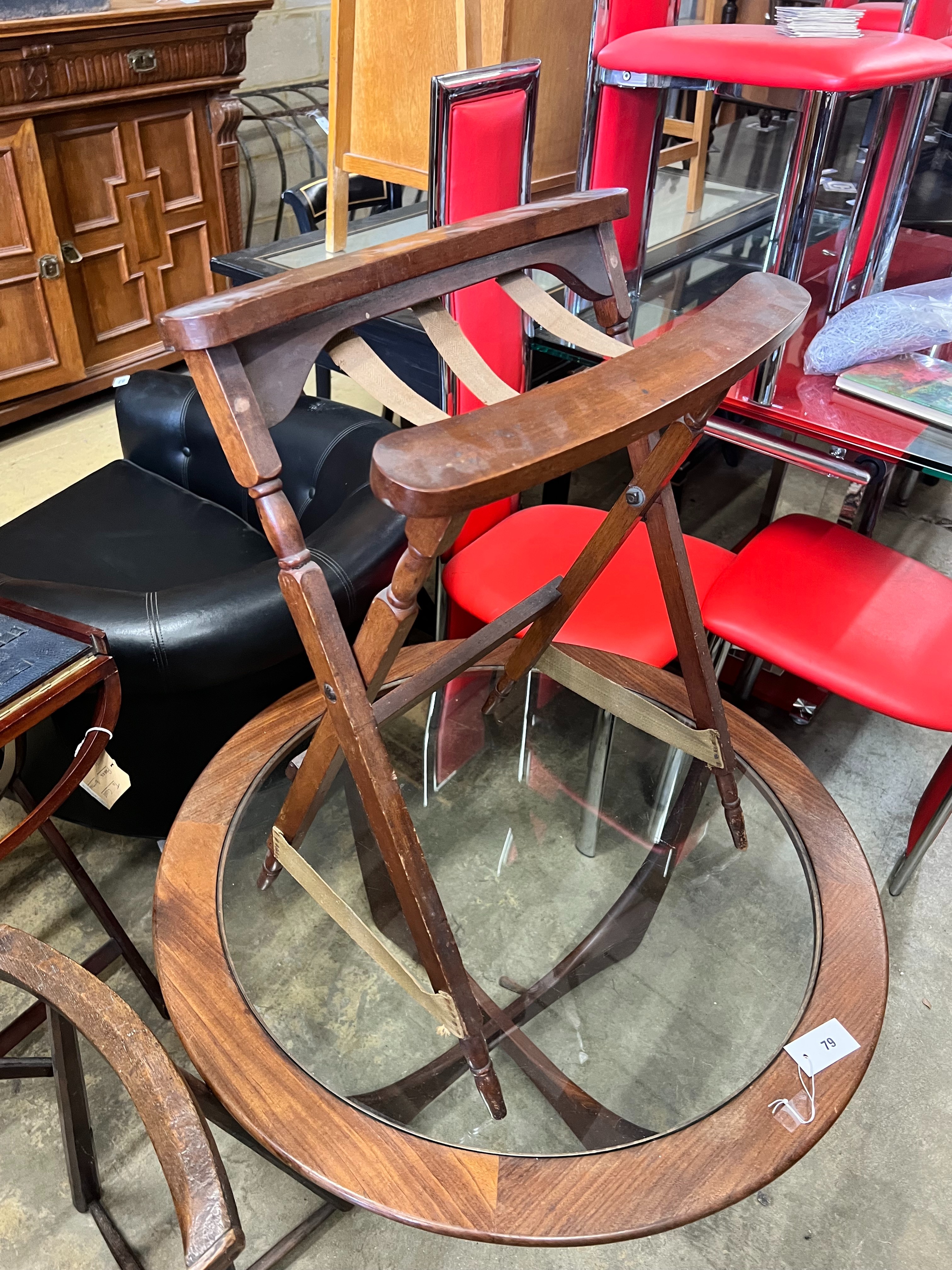 A lace pillow bolster stand, a mahogany work box on folding stand and a lacemaker's pillow stand